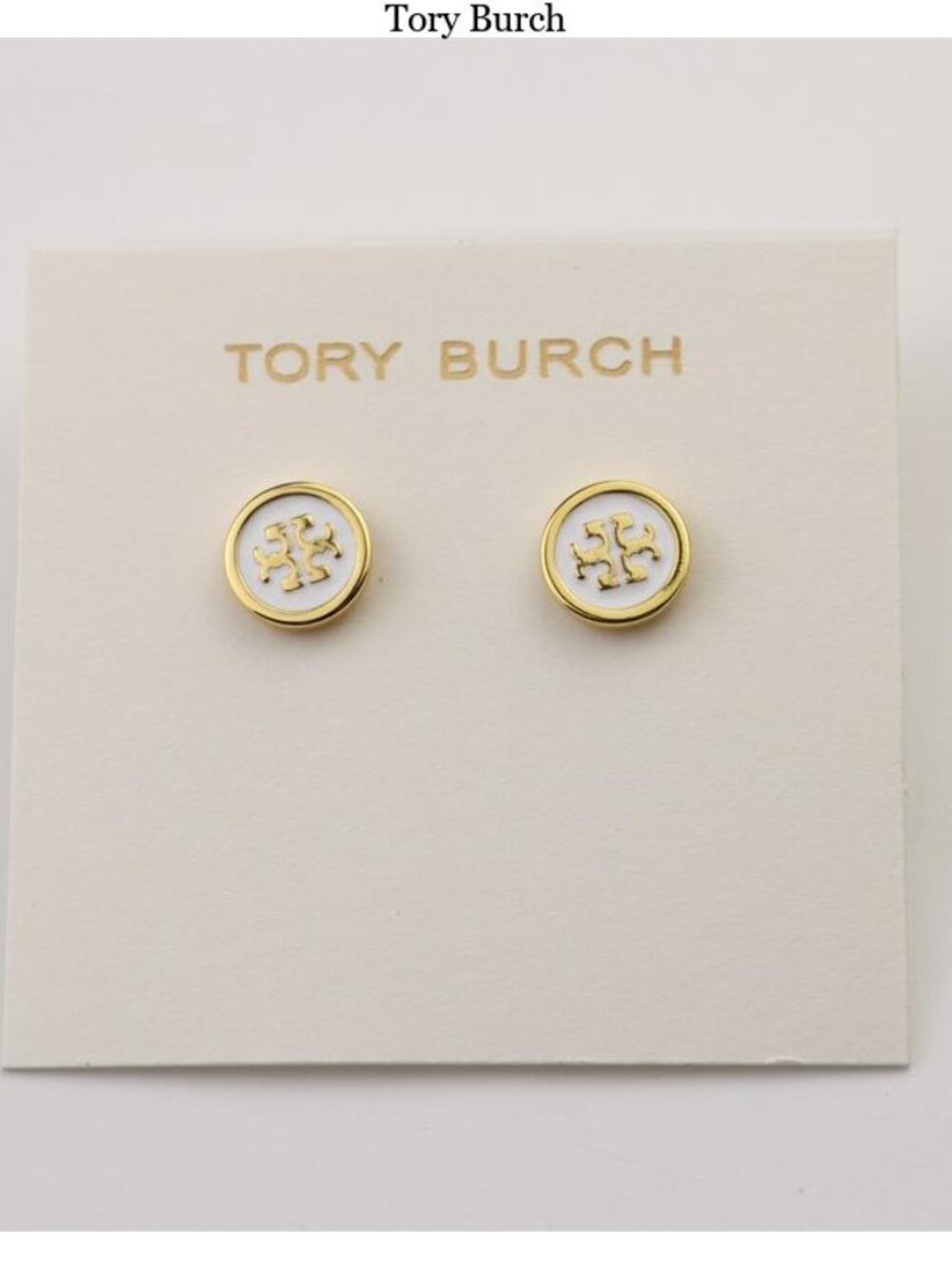 Tory Burch White Enamel and Gold Logo Stud Earrings